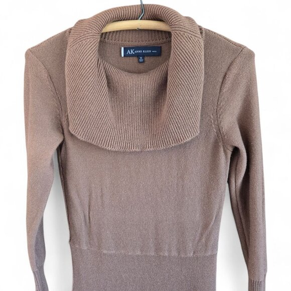 Anne Klein Brown Long Sleeve Sweater Dress Medium Cowl Neck Cotton & Angora - Picture 3 of 9